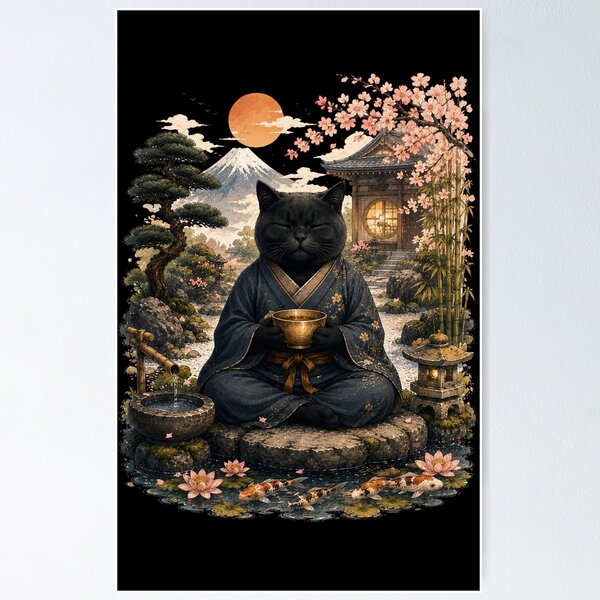Item preview, Zen Black Cat Meditation in Japanese Garden – Japanese Zen Cat Art designed and sold by BlackCat Vibe.