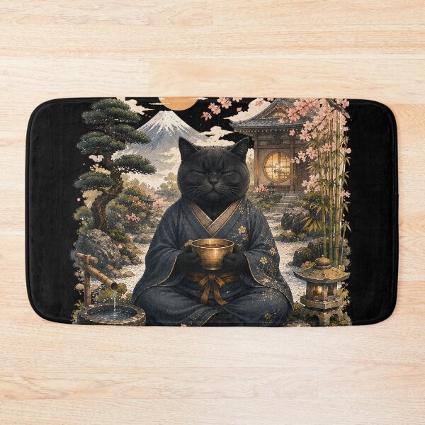 Item preview, Zen Black Cat Meditation in Japanese Garden – Japanese Zen Cat Art designed and sold by BlackCat Vibe.
