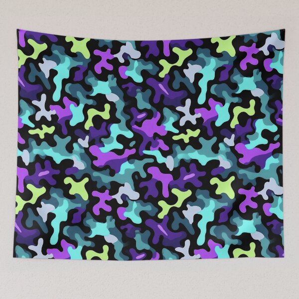 Item preview, Neon Camo Pattern Purple Cyan and Lime Blobs on Black designed and sold by Yoruhara.