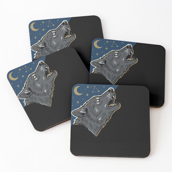 Item preview, Howling Wolf Moon Tattoo Flash Folk Art Wolf Profile Crescent Moon Stars Vintage Animal Illustration designed and sold by OnPointOutfits.