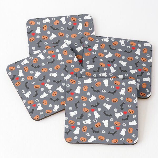 Item preview, Ghost, bats, pumpkins, skulls and hearts print all over pattern designed and sold by CursedButCute1.