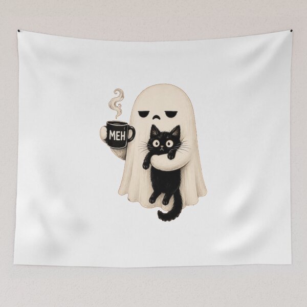 Item preview, Ghost Holding Black Cat Meh Coffee Halloween  designed and sold by roartusa.