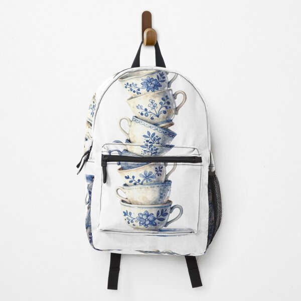 Item preview, Stacked Blue and White Teacups Watercolor Vintage Floral Art designed and sold by WildArtIT.