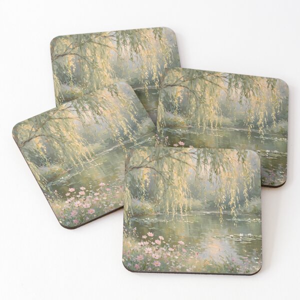 Item preview, Weeping Willow Pond With Pink Wildflowers - Tranquil Lily Pad Painting designed and sold by Jozefin's Studio.