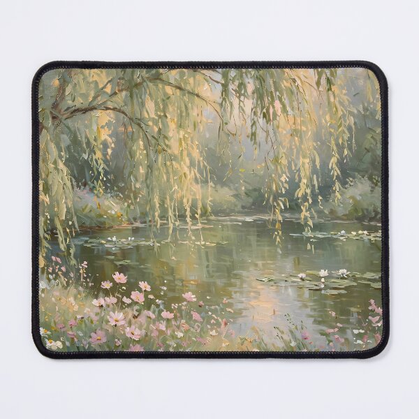 Item preview, Weeping Willow Pond With Pink Wildflowers - Tranquil Lily Pad Painting designed and sold by Jozefin's Studio.