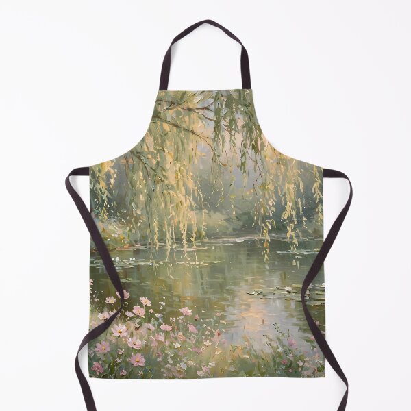 Item preview, Weeping Willow Pond With Pink Wildflowers - Tranquil Lily Pad Painting designed and sold by Jozefin's Studio.