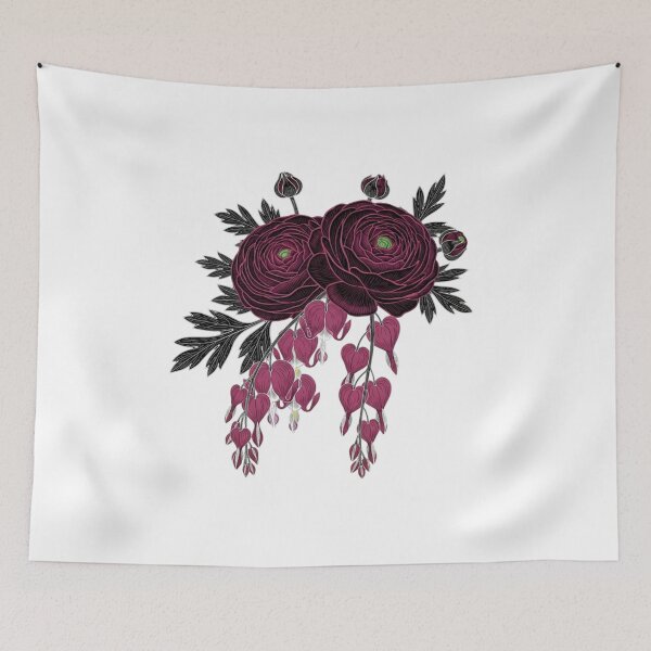 Item preview, Victorian Burgundy Ranunculus and Bleeding Hearts - Dark Botanical Art designed and sold by Dzblack.