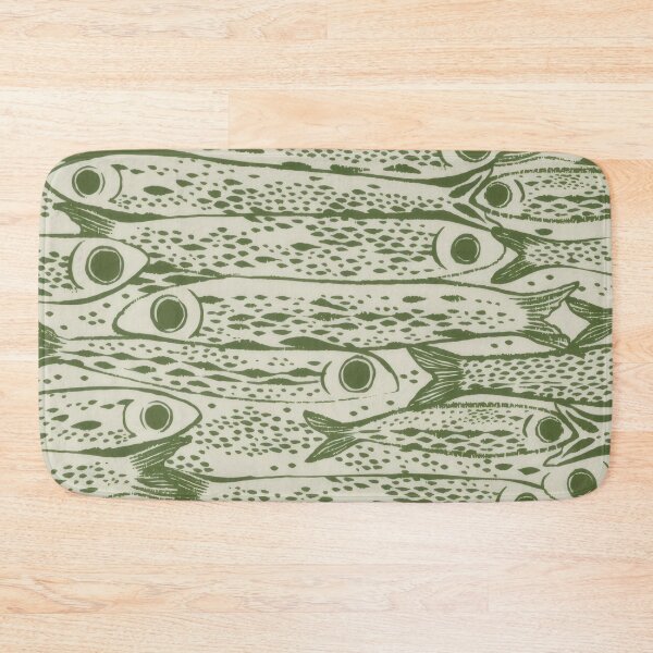 Item preview, Linocut Fish School Pattern - Coastal Green Sea Life Illustration designed and sold by Billy Morfo™.