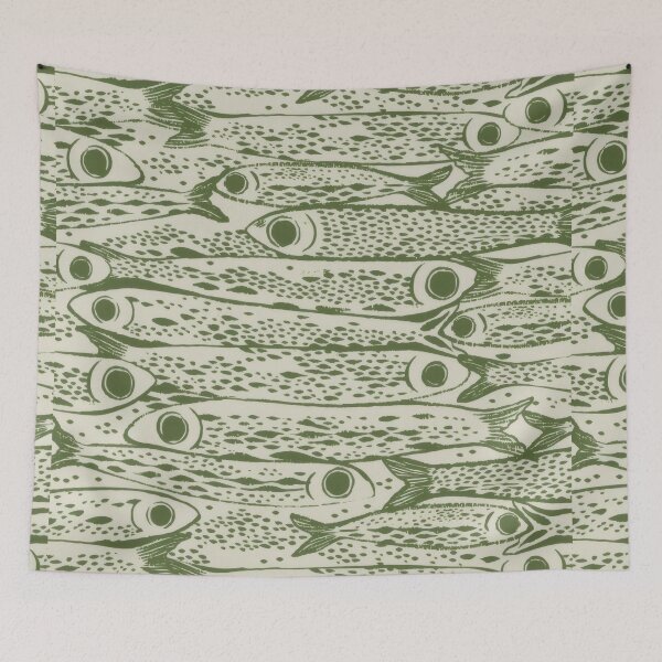 Item preview, Linocut Fish School Pattern - Coastal Green Sea Life Illustration designed and sold by Billy Morfo™.