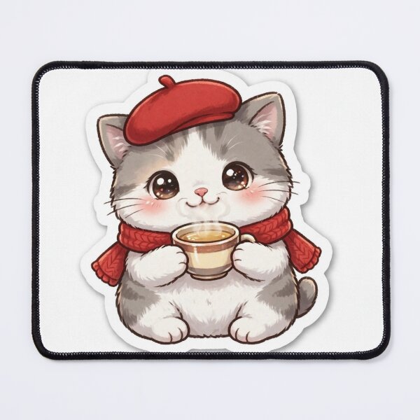 Item preview, Freda Cute Cat with Tea - Paris Beret Kitty Sticker Kawaii Cozy designed and sold by MAISON SYLVIE.