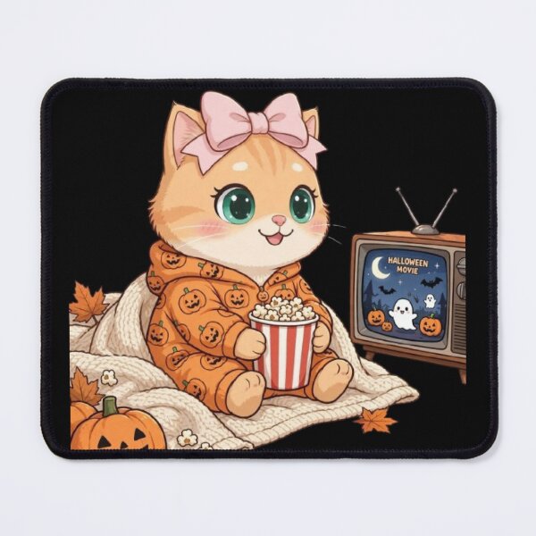 Item preview, Cozy Luna Watching Halloween Movie - Pumpkin Pajama Cat designed and sold by Moody Vibes Studio.