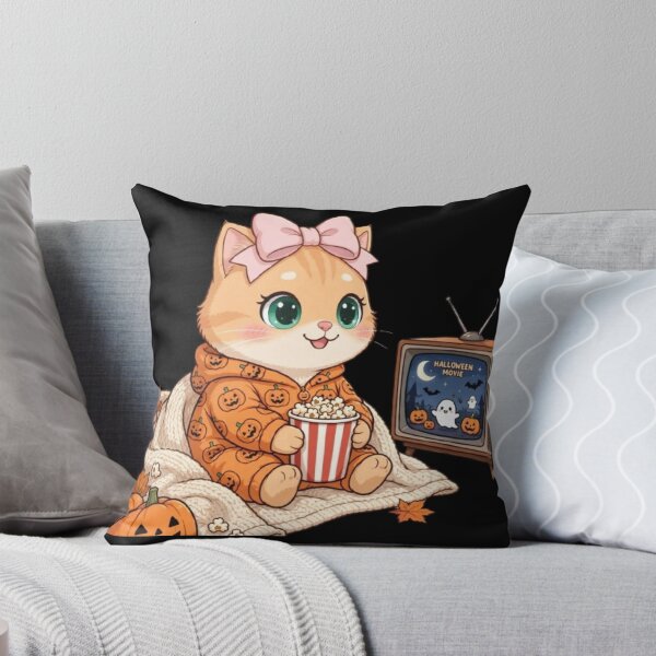 Item preview, Cozy Luna Watching Halloween Movie - Pumpkin Pajama Cat designed and sold by Moody Vibes Studio.