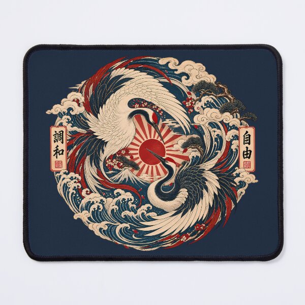 Item preview, Majestic Crane Yin Yang - Vintage Mount Fuji Ukiyo-e Emblem designed and sold by Rasamore™ Studios | Minimalist Art.