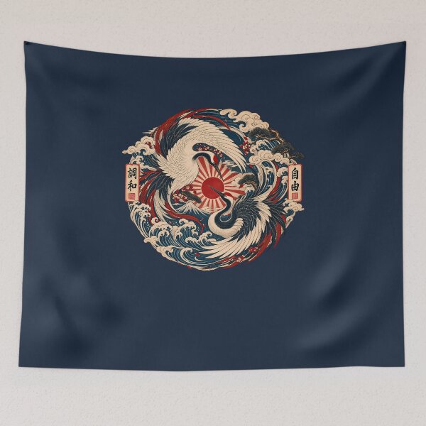 Item preview, Majestic Crane Yin Yang - Vintage Mount Fuji Ukiyo-e Emblem designed and sold by Rasamore™ Studios | Minimalist Art.