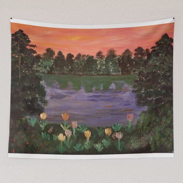 Item preview, Lakeside Tranquility — Golden Sunset Landscape Painting designed and sold by LizzyPrittyArts.