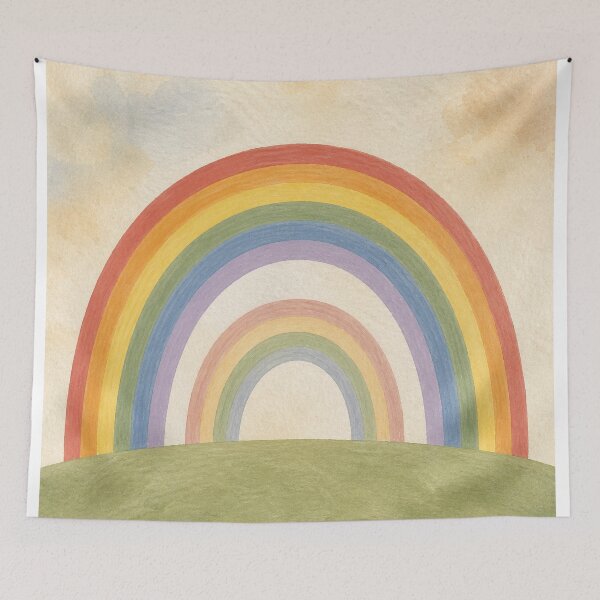 Item preview, Double Rainbow Hill Gouache Landscape designed and sold by GoldenHourWalls.