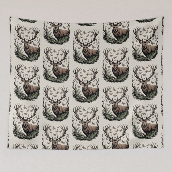 Item preview, Elk with Moths & Antlers Forest Illustration designed and sold by NuvoraNest.