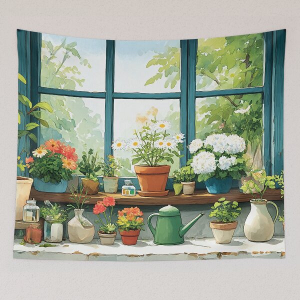 Item preview, Cozy Botanical Window Sill – Sunlit Kitchen Garden Corner (Anime Cottagecore Aesthetic) designed and sold by Whimsical Wayfarer.