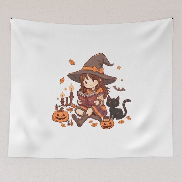 Item preview, Cute Witch Reading Halloween Book T-Shirt – Kawaii Witch & Black Cat Halloween Shirt designed and sold by ColorClouds.