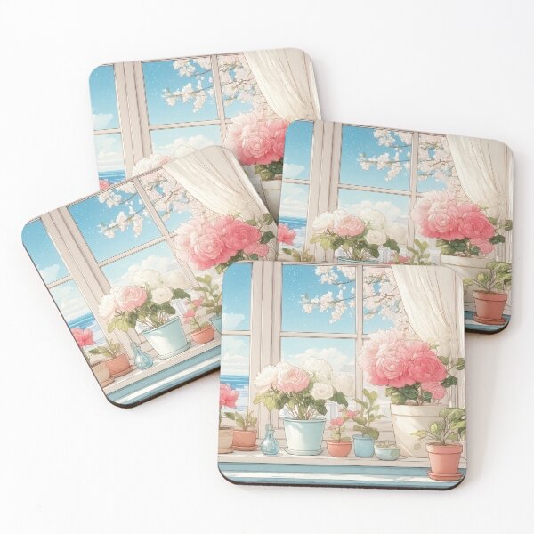 Item preview, Cozy Botanical Window Sill – Spring Pink Blooms Breezy Ocean View (Anime Aesthetic) designed and sold by Whimsical Wayfarer.