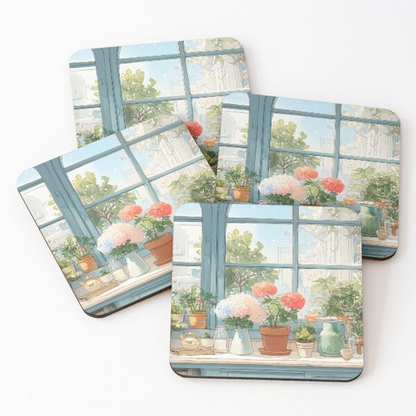 Item preview, Cozy Botanical Window Sill – Pastel Hydrangeas in a Sunlit Home Corner (Anime Aesthetic) designed and sold by Whimsical Wayfarer.