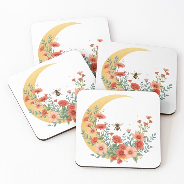 Item preview, Golden Crescent Moon Floral Sticker | Boho Wildflower & Bee Illustration designed and sold by HOODYBUDSTYLES.