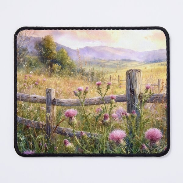 Item preview, Pink Thistles and Rustic Fence in Country Meadow designed and sold by Maria Dryfhout.