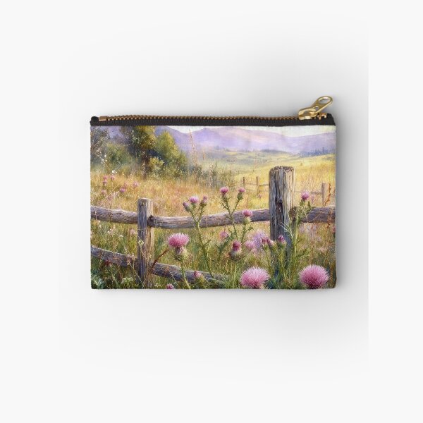 Item preview, Pink Thistles and Rustic Fence in Country Meadow designed and sold by Maria Dryfhout.