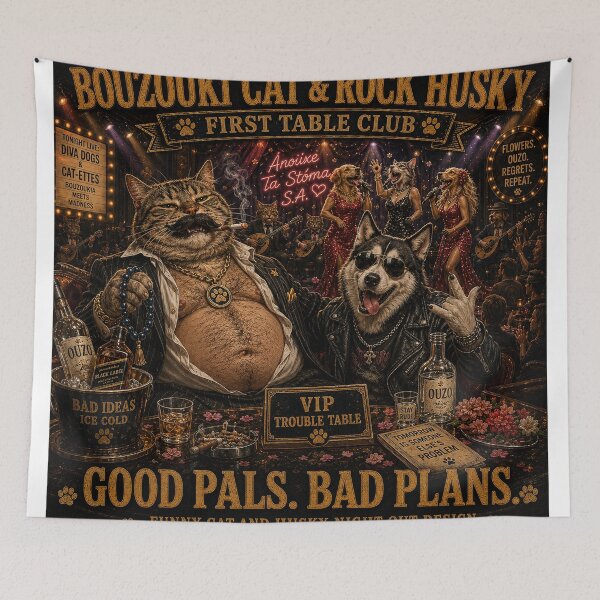 Item preview, Bouzouki Cat and Rock Husky First Table Club Funny Greek Night Out Design designed and sold by shopevermint.