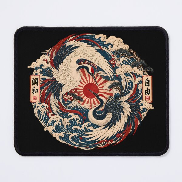 Item preview, Majestic Crane Yin Yang - Vintage Mount Fuji Ukiyo-e Emblem - Black designed and sold by Rasamore™ Studios | Minimalist Art.