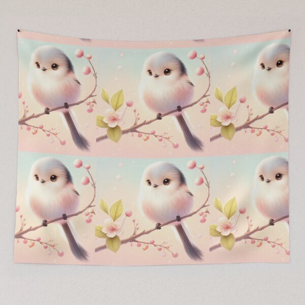 Item preview, Pastel Fluffy Bird on Blossom Branch, Cute Spring Woodland Art designed and sold by NarjaShop.