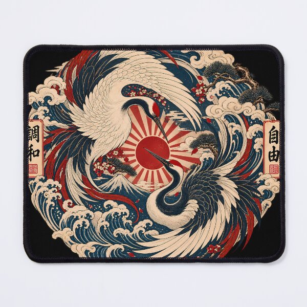 Item preview, Majestic Crane Yin Yang - Vintage Mount Fuji Ukiyo-e Emblem - Oversized Black designed and sold by Rasamore™ Studios | Minimalist Art.
