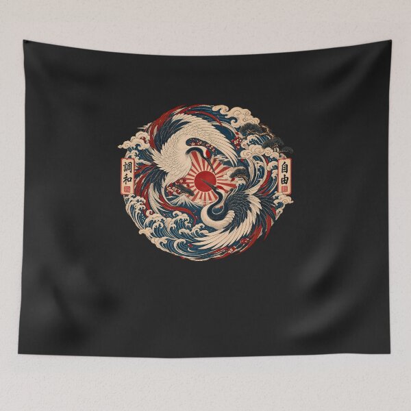 Item preview, Majestic Crane Yin Yang - Vintage Mount Fuji Ukiyo-e Emblem - Oversized Black designed and sold by Rasamore™ Studios | Minimalist Art.