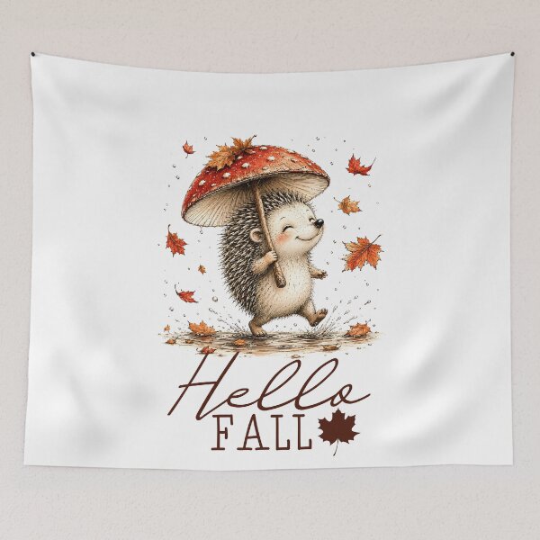 Item preview, Hello Fall Hedgehog graphic art cool temps and colorful leaves hedgehog under umbrella designed and sold by Lori Richardson.