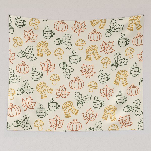 Item preview, Cozy Autumn Pumpkin Pattern, Fall Leaves and Mushroom Print Art designed and sold by TM DESIGNS AND MORE.