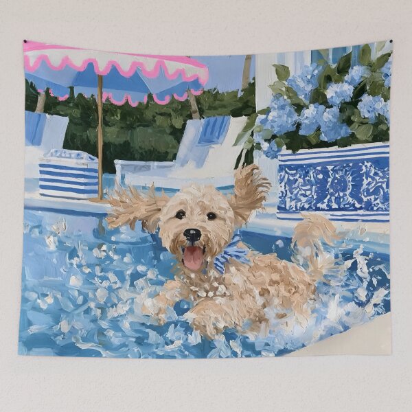 Item preview, Grandmillennial art, Having  A Splashing Time, preppy labradoodle art designed and sold by SophieClimaArt.
