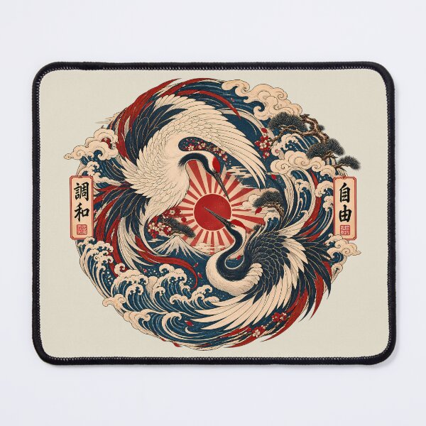 Item preview, Majestic Crane Yin Yang - Vintage Mount Fuji Ukiyo-e Emblem - Warm Parchment designed and sold by Rasamore™ Studios | Minimalist Art.