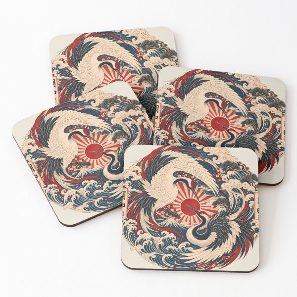Item preview, Majestic Crane Yin Yang - Vintage Mount Fuji Ukiyo-e Emblem - Oversized - Warm Parchment designed and sold by Rasamore™ Studios | Minimalist Art.