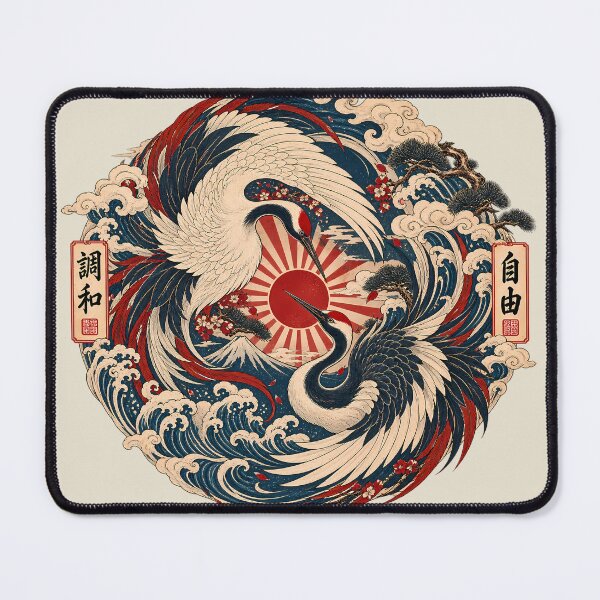 Item preview, Majestic Crane Yin Yang - Vintage Mount Fuji Ukiyo-e Emblem - Oversized - Warm Parchment designed and sold by Rasamore™ Studios | Minimalist Art.