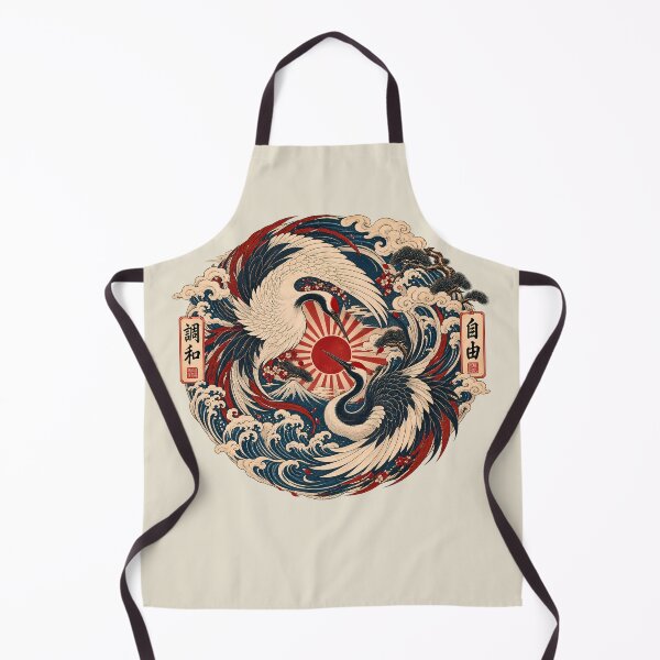 Item preview, Majestic Crane Yin Yang - Vintage Mount Fuji Ukiyo-e Emblem - Oversized - Warm Parchment designed and sold by Rasamore™ Studios | Minimalist Art.