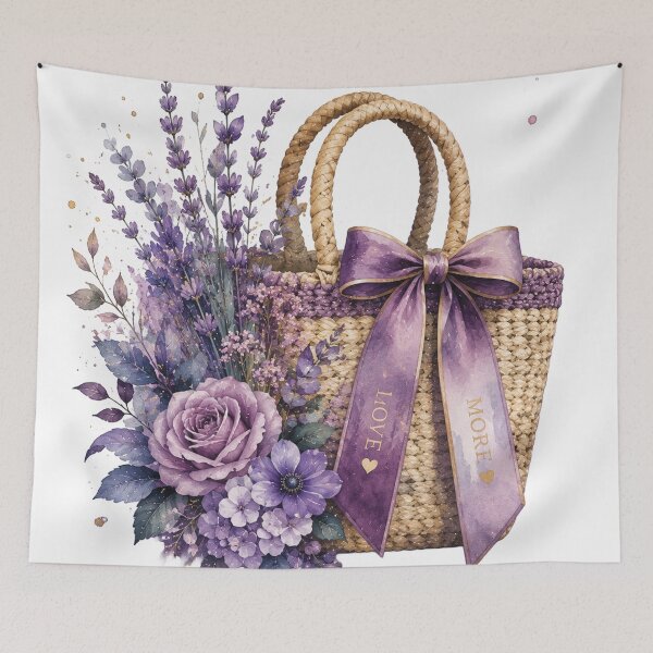 Item preview, Lavender Flower Basket with Purple Roses – Romantic Watercolor Floral Tote with Love More Bow, Cottagecore Botanical Garden and Feminine Gift Design designed and sold by Gold Turtle  Lina.