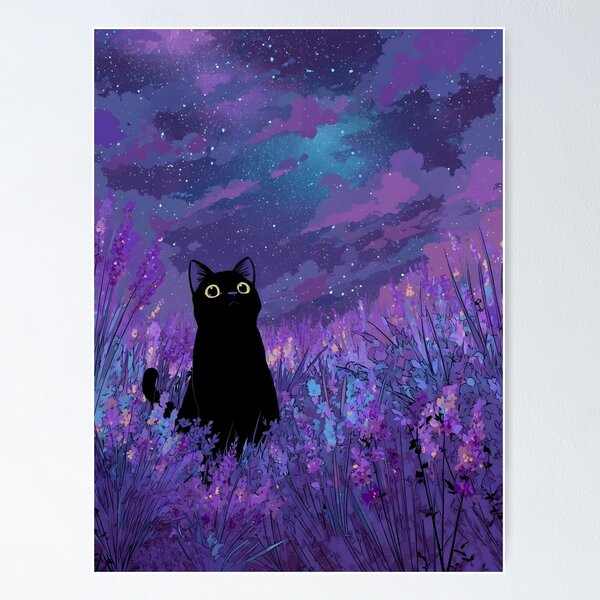 Item preview, Black Cat in Lavender Field Starry Night Sky Aesthetic designed and sold by JossDesign15.