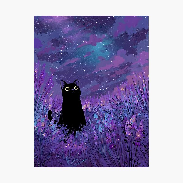Item preview, Black Cat in Lavender Field Starry Night Sky Aesthetic designed and sold by JossDesign15.