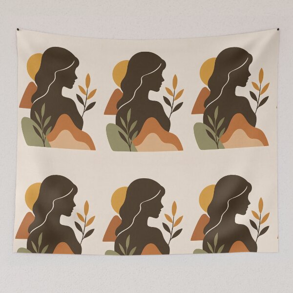 Item preview, Boho Woman Silhouette with Sun and Botanical Leaves, Abstract Feminine Wall Art designed and sold by NarjaShop.