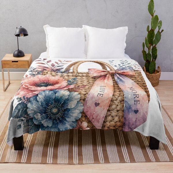 Item preview, Pastel Watercolor Flower Basket with Love More Bow – Romantic Pink and Blue Floral Tote, Cottagecore Botanical Garden and Feminine Spring Gift Design designed and sold by Gold Turtle Lina.