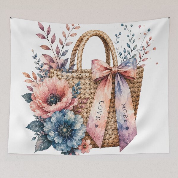 Item preview, Pastel Watercolor Flower Basket with Love More Bow – Romantic Pink and Blue Floral Tote, Cottagecore Botanical Garden and Feminine Spring Gift Design designed and sold by Gold Turtle  Lina.