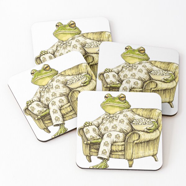 Item preview, frog with one leg up in matching pajamas eating popcorn designed and sold by PhiloDoh.
