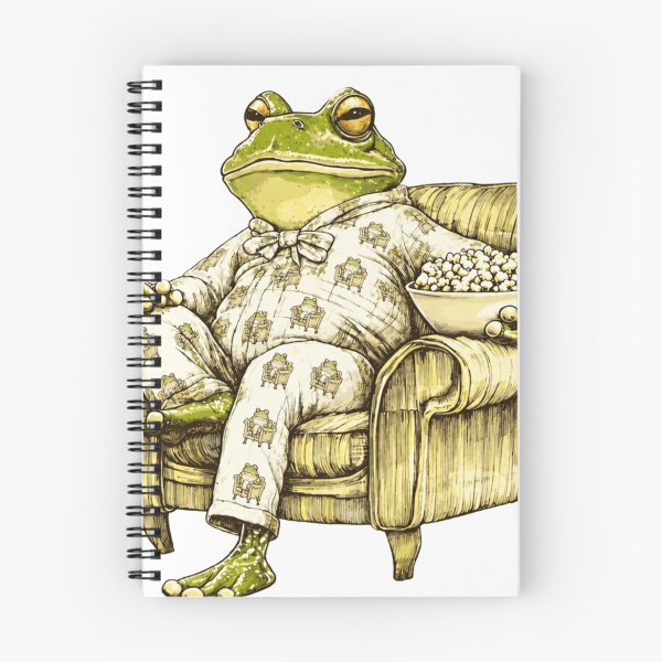 Item preview, frog with one leg up in matching pajamas eating popcorn designed and sold by PhiloDoh.