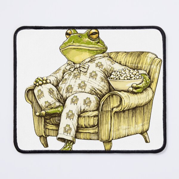 Item preview, frog with one leg up in matching pajamas eating popcorn designed and sold by PhiloDoh.