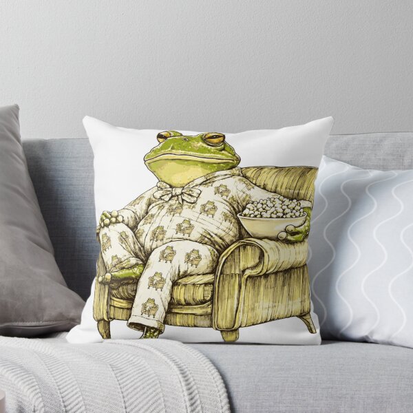 Item preview, frog with one leg up in matching pajamas eating popcorn designed and sold by PhiloDoh.
